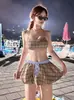 Falda de Cuadros Florales Retro Bikini Conjunto de Tres Piezas Playa Costa Sexy Hottie Estilo Vacaciones Traje de Baño para Mujeres