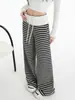 Pantalones anchos de pierna ancha, corte holgado, de rayas simples estilo coreano para mujer, otoño, con cordones, cintura alta, caída suave, deportivos casuales, pantalones de chándal