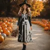 Halloween Mais Vendido Bruxa Crânio Colorido Estampado Vestido COS Cintura Marcada Manga Longa Festa de Baile Midi