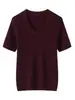 Camiseta de Punto Fina de Lana Nueva para Mujer, Primavera y Otoño, Cuello en U, Manga Corta, Color Sólido, Corte Delgado, Camiseta Básica