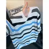Camiseta de punto a rayas de bloques de color americana para hombre, fina de verano, diseño calado, manga corta, holgada, casual, top versátil