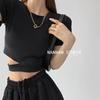 Estilo Doce e Picante Estilo Americano Camiseta Irregular de Manga Curta com Cintura Exposta Feminina Gola Redonda Top Curto Senso de Design Camiseta Feminina Comércio Exterior Atacado