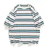 Camiseta de Manga Corta a Rayas Retro Color-Block para Hombre, Nueva Versátil Casual Primavera/Verano, Camiseta Holgada Tejida a Color con Parches para Pareja