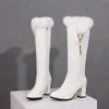 Botas de Caballero de caña alta con cuello de piel de cadena de metal de moda, botas de tacón alto grueso, botas de costura de comercio exterior, tallas grandes 33-52