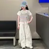 Camiseta de manga corta para niña nuevo elegante atuendo de verano para niños camiseta a rayas conjunto de encaje de manga corta de dos piezas falsas para niña grande
