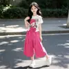 Conjunto de Camiseta de Manga Corta de Verano para Niñas con Pantalones Anchos Cropped para Niños Mayores Moda Elegante Conjunto de Dos Piezas Ropa de Verano Dopamina