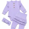 Nuevo conjunto de punto de estilo coreano para otoño e invierno 2026 para niña con mameluco de manga larga acanalado con volantes y conjunto de pantalones con falda