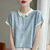 Camiseta de Verano Nueva Estilo Bloques de Color, Solapa Pequeña, Manga Corta, Mangas de Murciélago Raglán, Cuello Polo, Tejido Jacquard, Top Versátil para Mujer