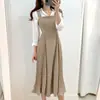 Camisa chique coreana estilo outono com amarração frontal, camisa feminina de manga comprida + vestido de alça