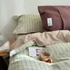 Nuevo Juego de Cuatro Piezas Rayado de Algodón Puro 2026, Algodón Lavado, Algodón Puro, Funda Nórdica con Borde Festoneado Vintage, Ropa de Cama Color Morandi