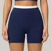 Pantalones Cortos de Yoga Transfronterizos Color Block de Sensación Natural Cintura Alta Acanalada Pantalones de Yoga Ajustados para Mujer Pantalones de Melocotón Deportivos para Correr Falsos de Dos Piezas