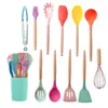 Juego de Utensilios de Cocina de Silicona con Mango de Madera de 11 Piezas Barril de Almacenamiento Utensilios de Cocina de Silicona de Diez Colores Cuchara y Espátula para Cocinar Traje de 11 Piezas