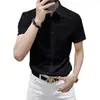 Camisa casual de manga corta de alta gama sin planchar para hombre, corte slim, seda de hielo premium, color liso, camisa elástica de caída business