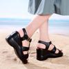 Sandálias Anabela Peep-Toe de Verão 2024 Sapatos Romanos Moda com Solado Grosso Tamanho Grande Salto Médio-Alto Sapatos Femininos Novos Modelos da Fonte