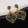 Pendientes Retro de Alto Gama Estilo Corte Dorado Antiguo Esmeralda Gota de Agua Piedra Preciosa Forma de Abanico Diamante Verde