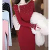 2026 Elegante y Chic Vestido Suéter de Perlas Off-Shoulder de Manga Larga, Nuevo Vestido Largo de Corte Ajustado