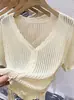 Nuevo Cárdigan de Manga Corta para Verano Ropa Exterior Tejido Fino Hueco Blusa Diseño Femenino Top Corto con Cuello en V y Cordón