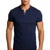 Camiseta de Manga Corta para Hombre de Estilo Chino de Verano, Cuello en V, Algodón y Lino, para Hombres Jóvenes, Delgada, Ajustada, Color Sólido, Pulóver de Dos Botones para Hombre