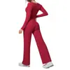 Conjunto de Yoga Ajustado de Secado Rápido con Sensación de Segunda Piel, Diseño Falso de Dos Piezas, Copas Incorporadas, Set de Running y Fitness de Manga Larga con Cordón y Pierna Ancha para Mujer