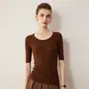 Suéter leve de lã fiada fina, novo modelo outono e inverno 2026, feminino, gola redonda, manga três quartos, blusa base justa, top de estilo simples