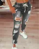Jeans Elásticos de Cintura Alta para Mujer 2023 Amazon Aliexpress Transfronterizos Europeos y Americanos Pantalones de Pierna Estrecha con Cordones Rotos