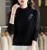 Suéter de Encaje de Cuello Medio Alto para Mujer, Estilo Delgado de Primavera y Otoño, Top Tejido Elegante de Alta Gama con Pedrería, Camisa Básica Holgada de Moda, Moderno
