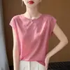 Top simples de verão fino, sem mangas, cor sólida, com pequenas mangas bufantes, top básico de gola redonda, regata fina, camisa de tricô para mulheres
