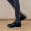Versão em Couro de Sapatilhas Funcionais Estilo Francês para Mulheres, com Elevação Interna de Altura, Sapatos Mary Jane com Laço, Bico Redondo, Elástico, Sapatos Casuais de Salto Único