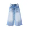Jeans Crop Anchos Vintage para Mujer en Azul Claro con Patrón Desgastado, Hechos de Algodón Merceizado con Acabado Texturizado
