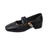 Zapatos de Mujer Mary Jane con Tira Cruzada de Tacón Grueso Estilo Francés Moda Primavera/Verano 2026 Elegantes Zapatos Individuales de Cuero con Punta Cuadrada y Tacón Medio