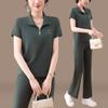 Conjunto Esportivo de Seda Gelada Roupa de Verão para Mulheres 2026 Nova Moda Slim Fit Gola Lapela Manga Curta Calça Longa Casual Conjunto de Duas Peças