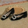 Sapatos baixos de salto quadrado femininos 2024 novos sapatos de outono e inverno camurça preta banquete confortável elegante cyber celebridade sapatos de strass