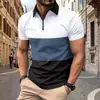 Camisas Polo Masculinas de Verão com Manga Curta Europeias e Americanas Transfronteiriças Impressão 3D Casuais Coloridas em Bloco com Zíper e Gola Polo