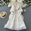 Elegante vestido de corte A largo y de manga larga estilo coreano con cuello alto y cintura ceñida, con diseño estampado, para mujer, otoño 2026