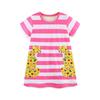 Vestido de verão para meninas, estilo europeu e americano, listrado, gola redonda, saia infantil, desenho de animal, bordado, fita, saia de princesa