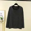 Camiseta base a rayas de terciopelo cepillado para otoño e invierno para mujer, forrada de polar, corte holgado, cuello redondo, manga larga, camiseta interior, talla grande, top cálido