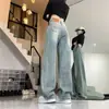 Jeans de Perna Larga Nostálgico Retrô Feminino Outono Cintura Alta Solto Emagrecimento Plus Size Meninas Cheinhas Versão Estreita Calça de Perna Reta com Caimento