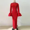 Vestido de Vendaje Elegante para Fiesta 2026 Estilo Europeo y Americano Transfronterizo Cuello Medio Alto Manga Acampanada Banda de Perlas y Pedrería Vestido Largo