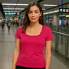 Camiseta cuadrada de manga corta transfronteriza para mujer, nuevo estilo básico casual simple, camiseta cuadrada de color liso estampada
