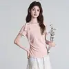 Camiseta de tricô estilosa com acabamento em renda ombro a ombro para mulheres, top assimétrico rosa único com amarração para primavera/verão para mulheres