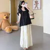 2026 Nuevo Estilo de Verano Estilo Coreano Dulce Cuello de Encaje Negro Camisa Babydoll de Maternidad + Falda de Encaje Conjunto de Maternidad