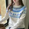 Suéter jacquard Fair Isle de lana australiana para mujer, otoño e invierno, estilo casual, jersey, corto, manga larga, corte holgado, capa base
