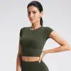 Ropa de Yoga Deportiva Transfronteriza Europea y Americana para Mujer, Corte Regular en Hombros, Ajustado, Color Sólido, Top Corto de Fitness, Camiseta Casual de Manga Corta