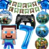 Decoraciones para Fiesta Temática de Minecraft en Stock: Banner de Cumpleaños Infantil de Minero, Topper para Pastel, Set de Globos