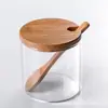 Juego de frascos de vidrio rectos para condimentos de cocina, caja de condimentos de vidrio para el hogar, botella de condimentos, frasco de sal, tapa de bambú, cuchara de madera de tres piezas