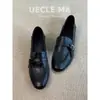 Versão em Couro~Mocassins Retrô de Salto Grosso para Mulheres Pequena Fivela Dourada Sapatos Baixos Versáteis Slip-on Sapatos Preguiçosos Estilo Britânico Sapatos Pequenos de Couro