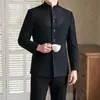 Traje Sun Yat-sen de dos piezas para hombre 2026 Nuevo traje Sun Yat-sen de estilo chino con cuello mao traje de hombre tablero de ajedrez empalme de patrón oscuro corte slim ropa formal