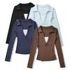 Bt926-25 Otoño Estilo Coreano Ajuste Delgado Falso Dos Piezas Costura de Color Contrastante Solapa Top Camiseta de Manga Larga