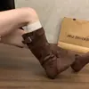 Primer Encuentro Jifa Botas Largas Retro Francesas Redondas con Tacón de Bloque y Suela Plana Hasta la Rodilla 2026 Nuevas Versátiles Plisadas