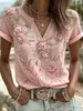 Top estampado de manga corta con cuello en V transfronterizo 2026 nuevo estilo de verano europeo y americano, imitación lino, holgado, casual, disponible para dropshipping